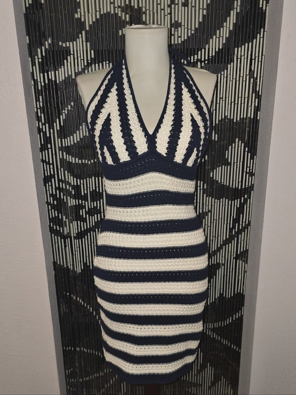 Navy and White Stripes Crochet Halter Dress Size L